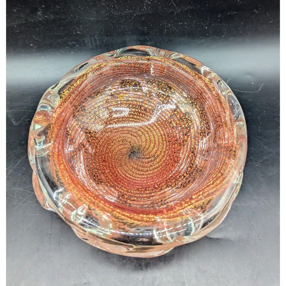 Vintage 1960's Italian Murano Art Glass Bowl Red Swirl Gold Inclusion Candy Dish